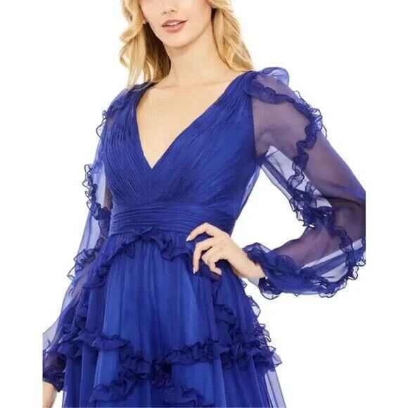 Mac Duggal 68223 Cascaded Ruffle Bishop Puff Sleeve A Line Gown Blue Sz 10 NEW - Picture 3 of 9